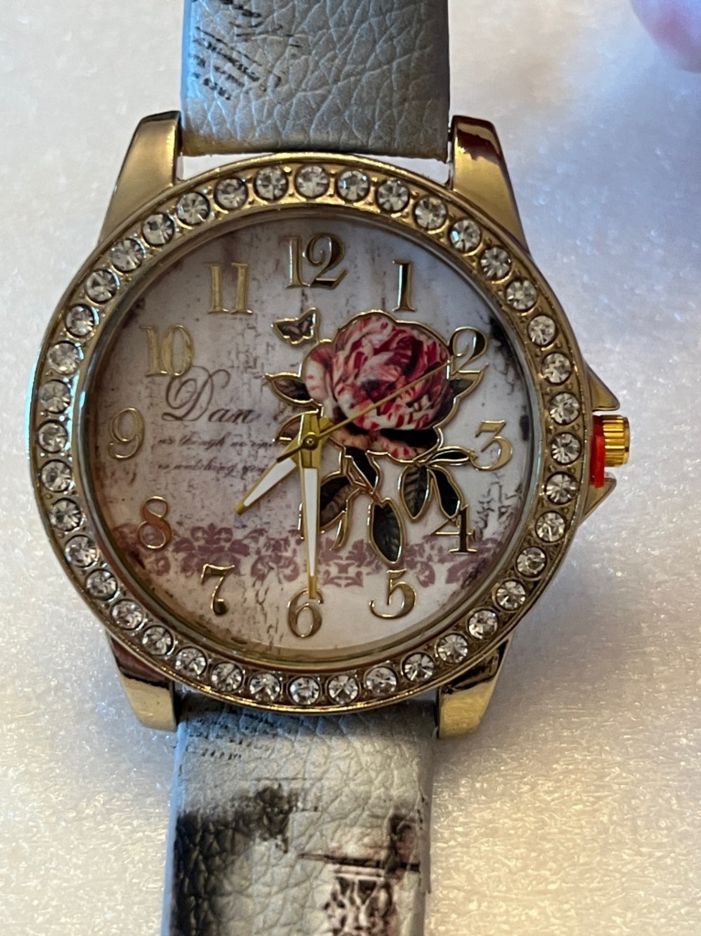 Floral Dial Rhinestone Accent Women's Watch in Light grey